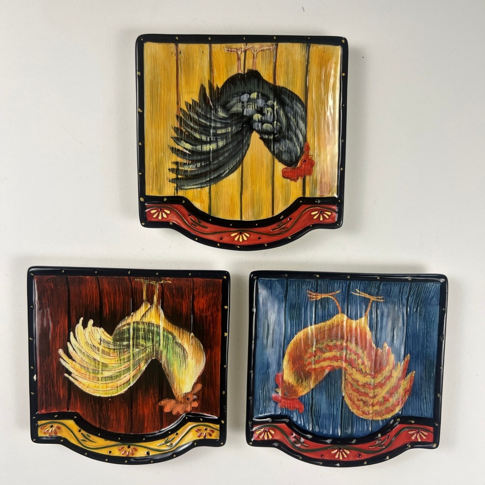 Susan Winget Rooster Canape Plate Set 3 Multicolor 6in Farmhouse Country Village